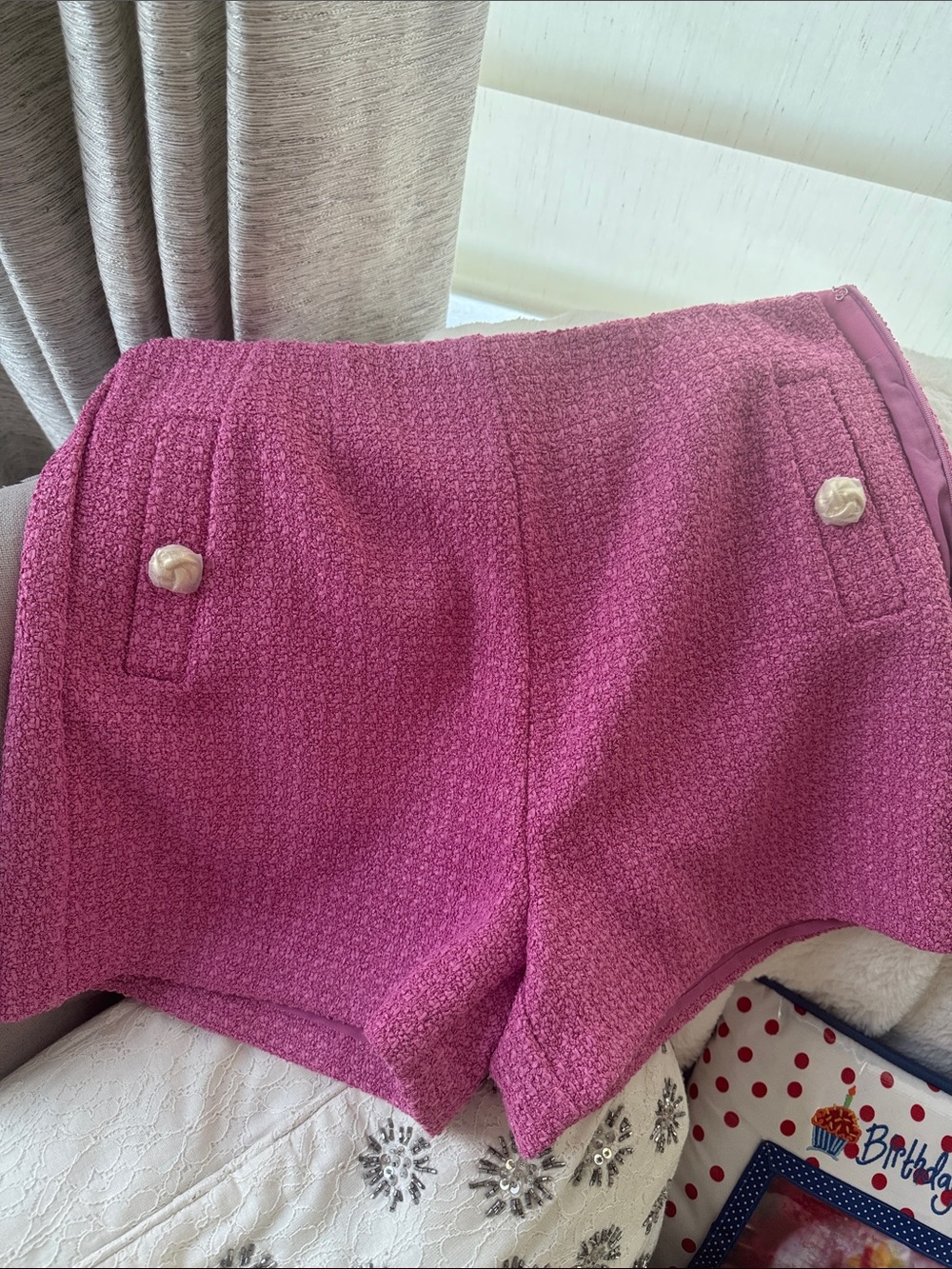 Vici Hot Pink Tweed High-Waist Shorts with Decorative Buttons